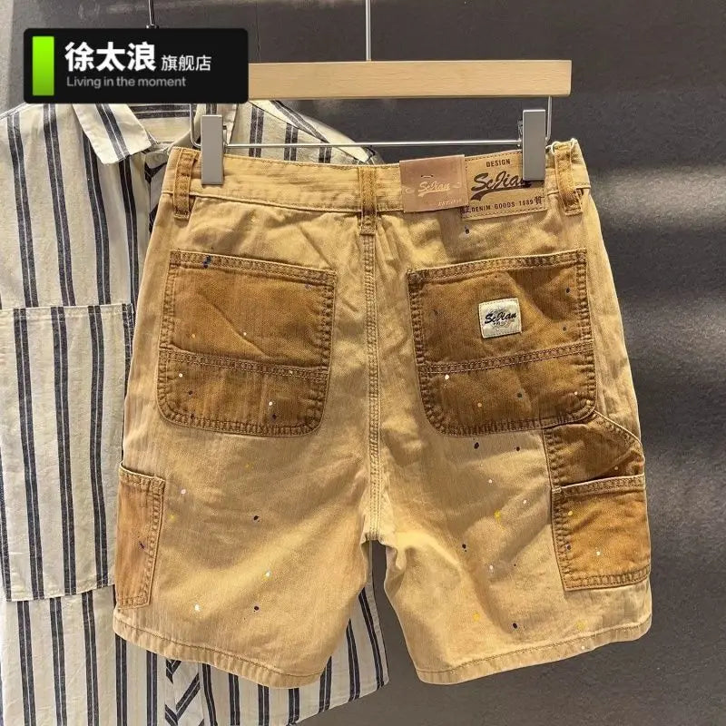 Summer Fashion Splicing Casual Shorts Men's Loose Straight Ruffian Handsome Splashing Ink High-end Five-point Khaki Short Pants