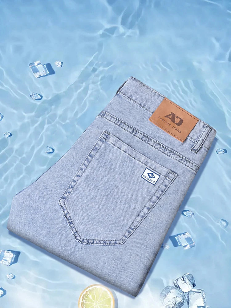 Summer Ultra-thin Men's Jeans Lyocell Soft Breathable Loose Straight Light Blue Denim Pants Business Casual Ice Silk Trousers