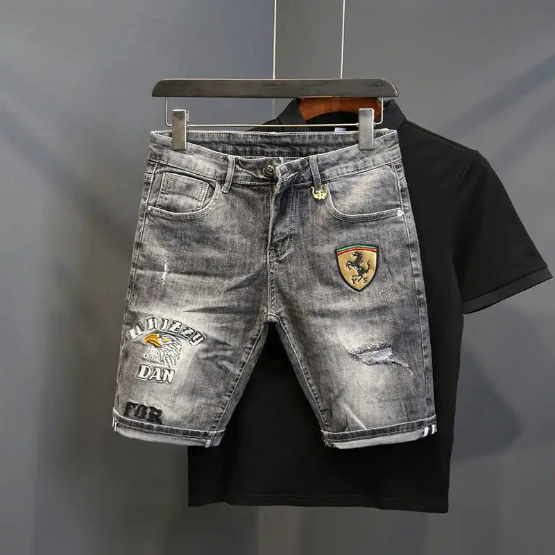 Fashion Trendy Summer Korean Luxury Clothing Cowboy Streetwear Casual Denim Knee Length Stretch embroidered Shorts for Men
