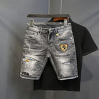 Fashion Trendy Summer Korean Luxury Clothing Cowboy Streetwear Casual Denim Knee Length Stretch embroidered Shorts for Men