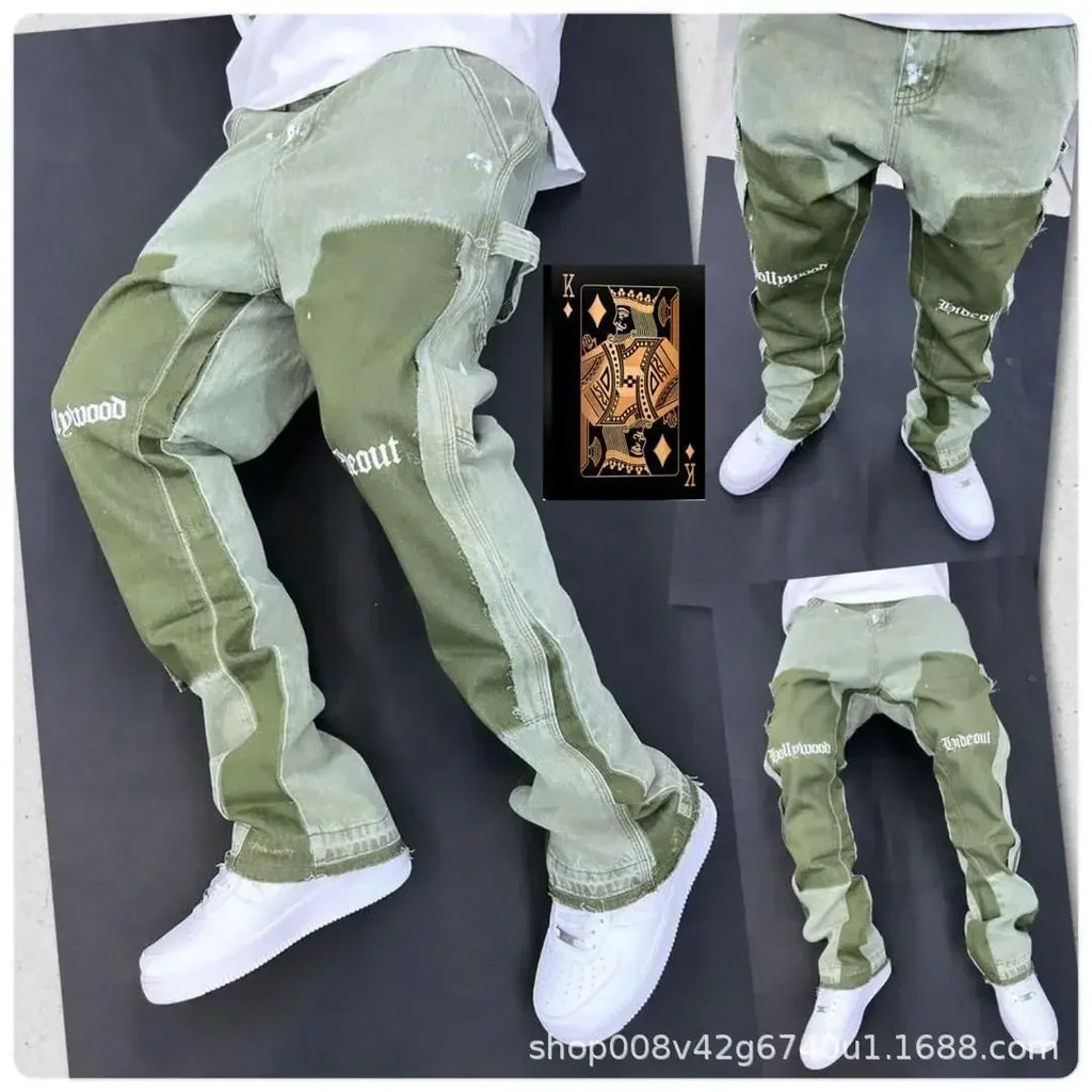 Mens Ripped Baggy Jeans Distressed Denim Streetwear Skateboard Pants Straight Leg Patchwork Oversized Urban Fashion Workwear