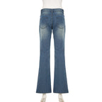 Women's Street Wear Slimming Flared Jeans Fashion Washed Low Waist Button-Fly With Pockets Denim Trousers Chic All Match Bottoms