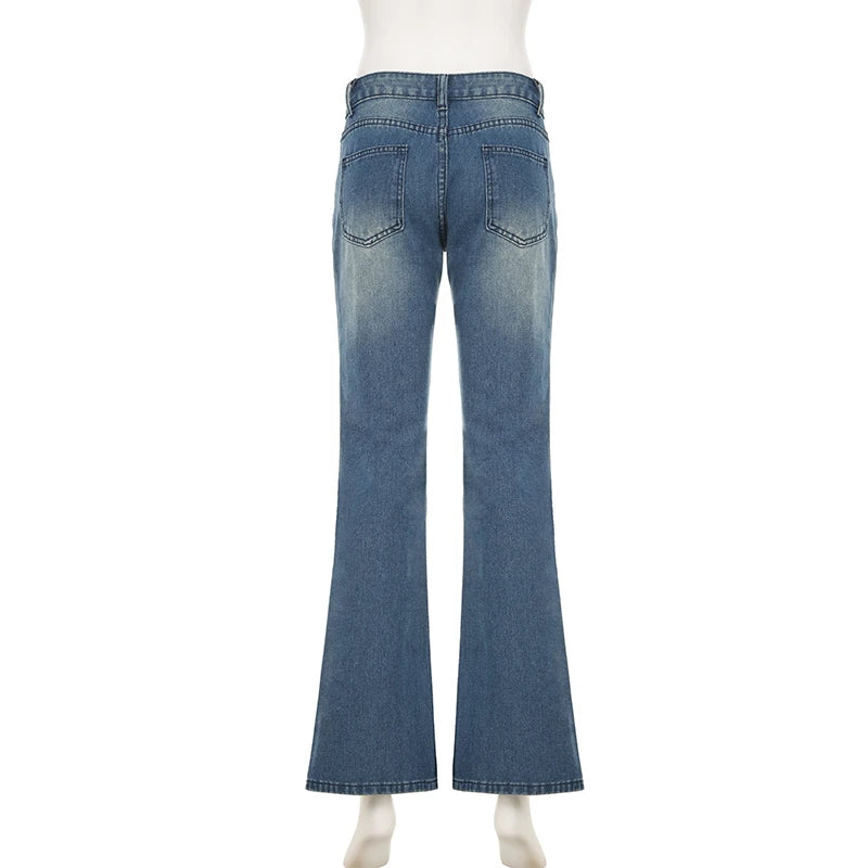 Women's Street Wear Slimming Flared Jeans Fashion Washed Low Waist Button-Fly With Pockets Denim Trousers Chic All Match Bottoms