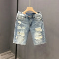 Fashion Vintage Korean Men's Summer Denim Shorts with Distressed Holes Slim Fit Distressed Holes Designer Luxury Clothing Men