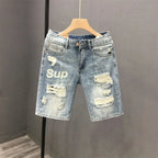 Fashion Vintage Korean Men's Summer Denim Shorts with Distressed Holes Slim Fit Distressed Holes Designer Luxury Clothing Men