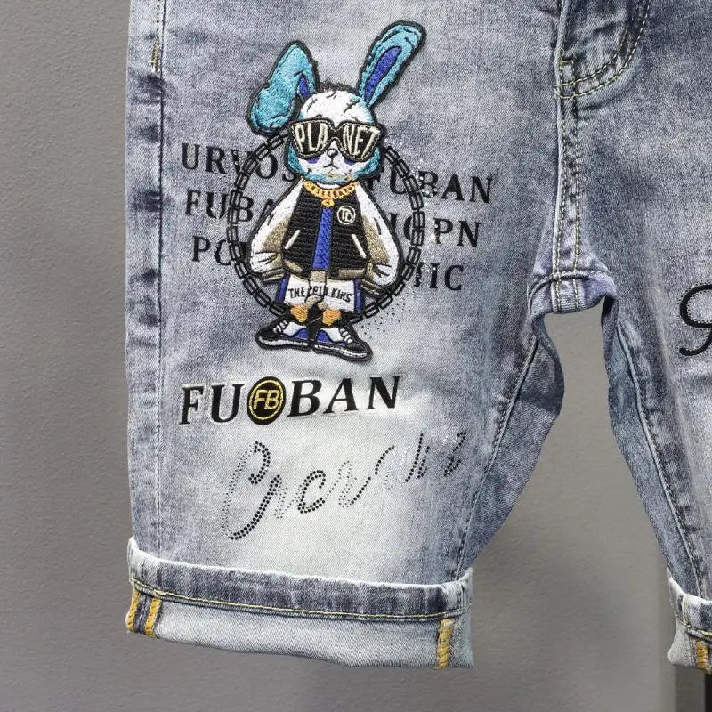 New Kpop Summer Casual Knee Length Men's Jeans Shorts Fashion Embroidered Rabbit Printed Hot Drilled Slim Thin Short Trousers