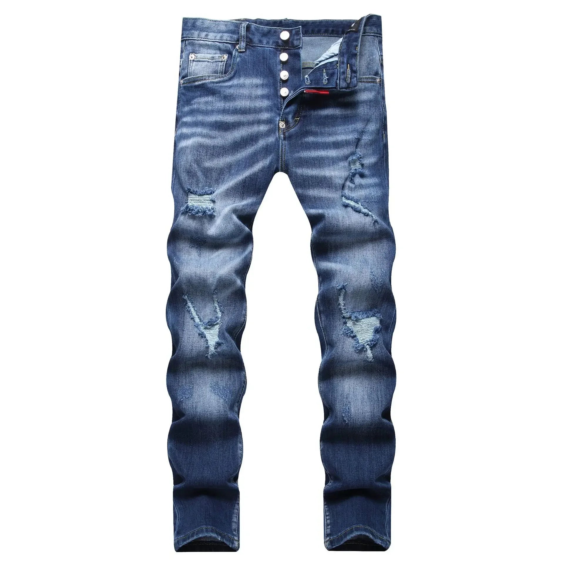 2025 Men's Ripped Jeans Luxury Brand Light Blue Holes Long Trousers Quality Male Fashion Stretch Slim Pants Men Skinny Jeans