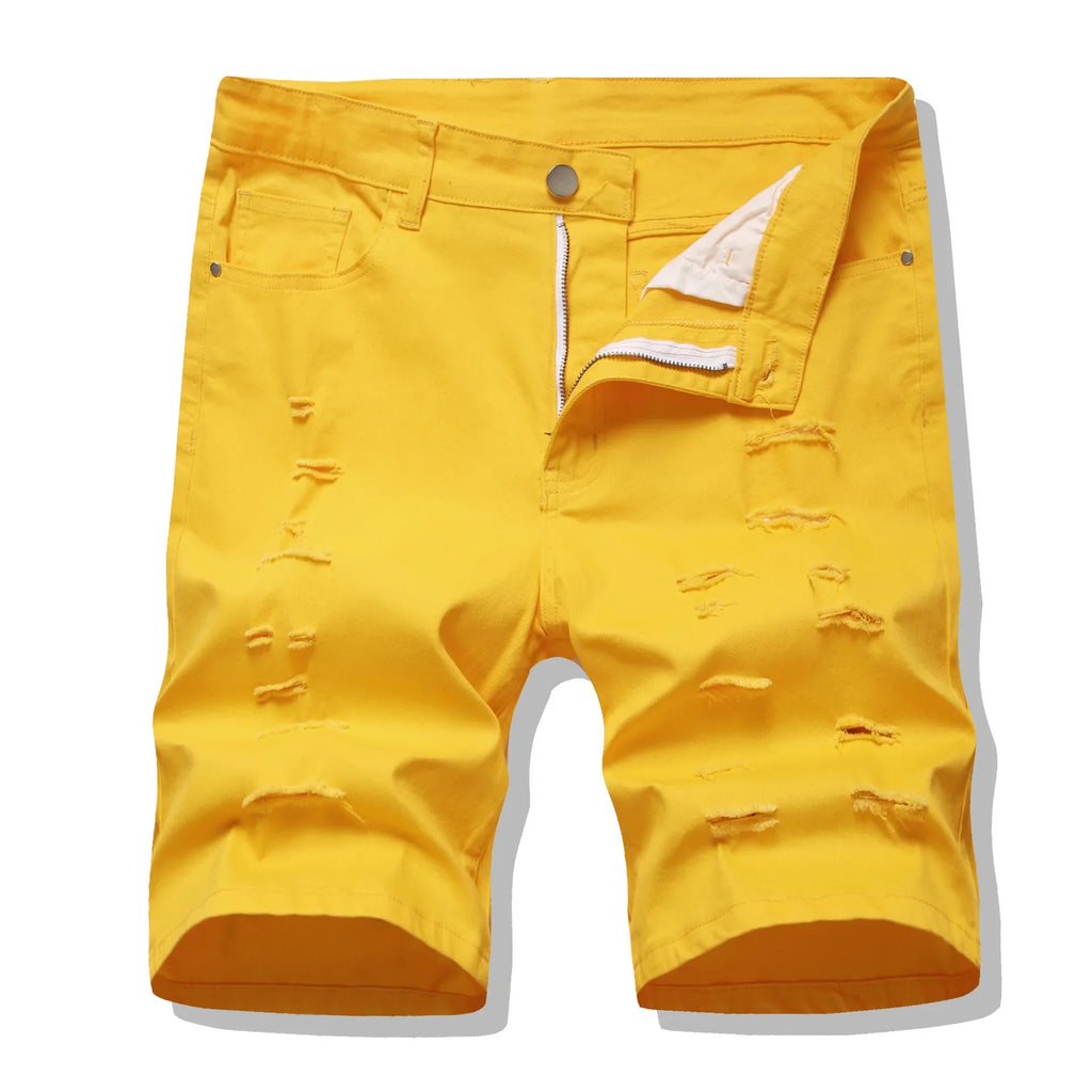 Shorts Men Hole Jeans Streetwear Mid Waist Washed Distressed Pockets Knee Length Vintage Ripped Denims Straight Short Pants