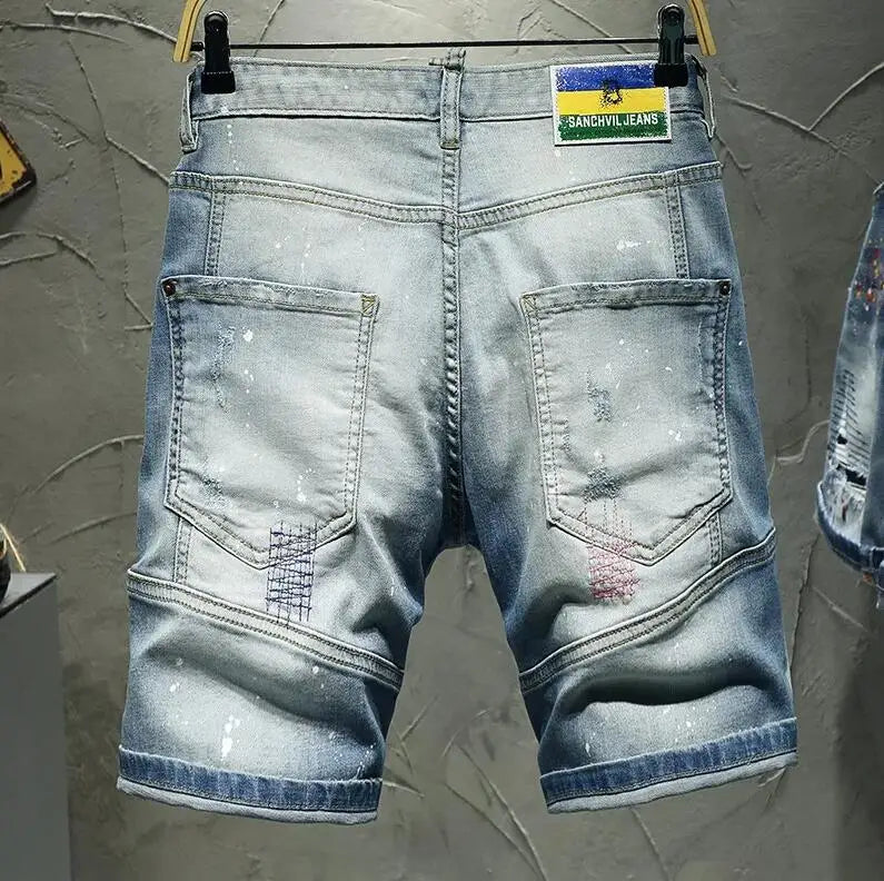 Men Summer Blue Shorts Jeans Holes Denim Shorts Paint Casual Streetwear Jeasn Shorts High Quality Men Slim Fit Stretch Jeans 38