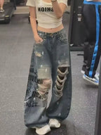 Women's Jean Baggy Wide Fit Ripped Hole Denim Pants Y2K Japanese Harajuku Boyfriend Grunge American Retro Hip-pop Punk Tide New