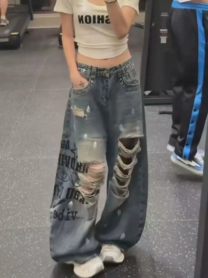 Women's Jean Baggy Wide Fit Ripped Hole Denim Pants Y2K Japanese Harajuku Boyfriend Grunge American Retro Hip-pop Punk Tide New