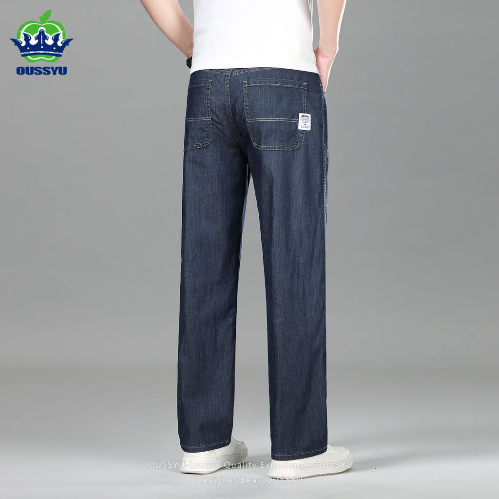 High Quality Men's Summer Baggy Straight Jeans Business Casual High Waist Denim Pants Lyocell Fabric Office Work Trousers Man