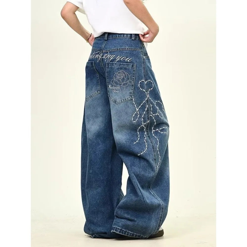 Men's Baggy Jeans Unisex Y2K Trendy Casual Wide Leg Denim Pants High Street Oversize Trousers American Style Streetwear Fashion