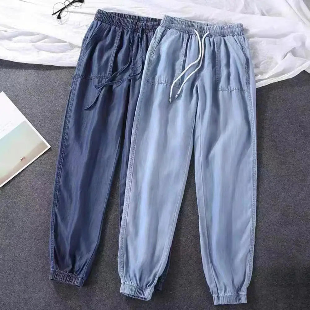 Summer Thin Ice Silk Jeans Women Elastic High Waist Drawstring Harem Pants Loose All-matched Beam Leg Nine Points Denim Pants