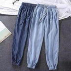 Summer Thin Ice Silk Jeans Women Elastic High Waist Drawstring Harem Pants Loose All-matched Beam Leg Nine Points Denim Pants