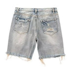 Men Summer Distressed Denim Shorts Button Zipper Fly Multi Pockets Short Jeans Straight Fit Ripped Holes Knee Length Distressed