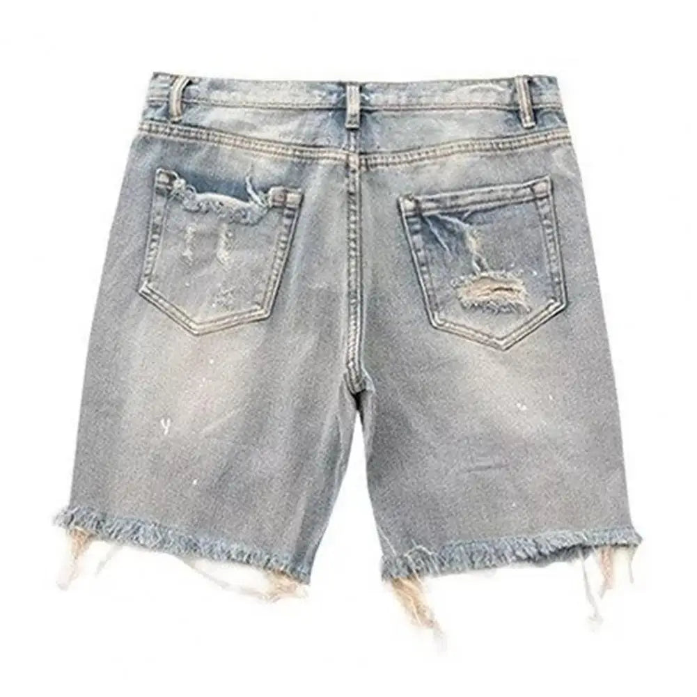 Men Summer Distressed Denim Shorts Button Zipper Fly Multi Pockets Short Jeans Straight Fit Ripped Holes Knee Length Distressed