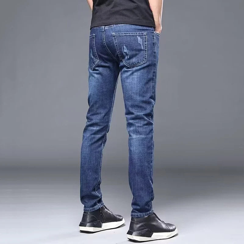 Men's Stylish Classic Business Casual Jeans Four Seasons Wear Black Blue Pants Middle-waist Leggings Denim Fabric Trousers Male