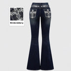 Jeans Flare Pants Women Vintage Boot Cut Embroidery Pockets Rhinestone Washed Female Distressed Denims Trousers Streetwear