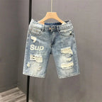 Fashion Vintage Korean Men's Summer Denim Shorts with Distressed Holes Slim Fit Distressed Holes Designer Luxury Clothing Men