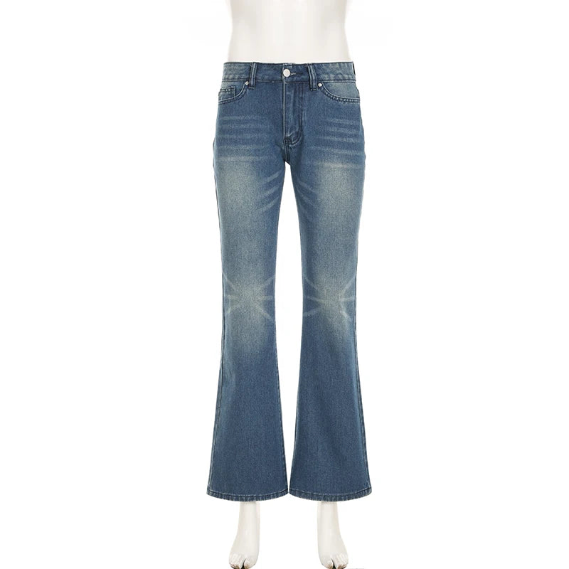 Women's Street Wear Slimming Flared Jeans Fashion Washed Low Waist Button-Fly With Pockets Denim Trousers Chic All Match Bottoms