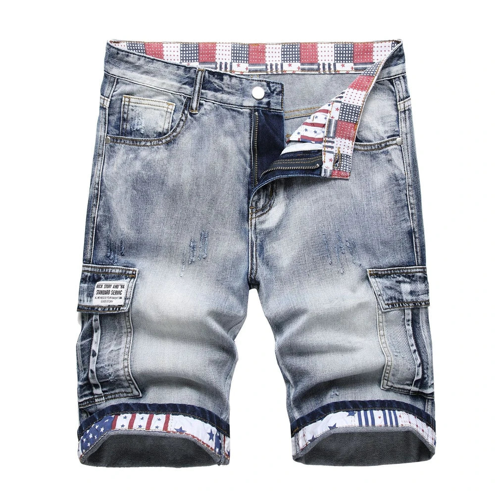 Denim Shorts Men Cargo Jeans Knee Length Multiple Pockets Mid Waist Distressed Washed Summer Straight Short Pants Streetwear