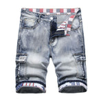 Denim Shorts Men Cargo Jeans Knee Length Multiple Pockets Mid Waist Distressed Washed Summer Straight Short Pants Streetwear