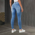 Fashion Skinny Hole Jeans Women 2025 Autumn Stretchy High Waisted Ripped Slim Retro Solid Color Denim Trousers Pants