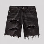 Men Summer Distressed Denim Shorts Button Zipper Fly Multi Pockets Short Jeans Straight Fit Ripped Holes Knee Length Distressed