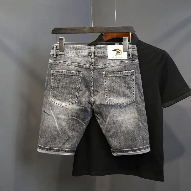 Fashion Trendy Summer Korean Luxury Clothing Cowboy Streetwear Casual Denim Knee Length Stretch embroidered Shorts for Men