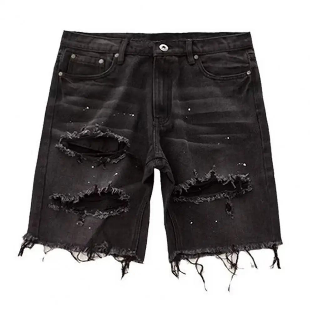 Men Summer Distressed Denim Shorts Button Zipper Fly Multi Pockets Short Jeans Straight Fit Ripped Holes Knee Length Distressed