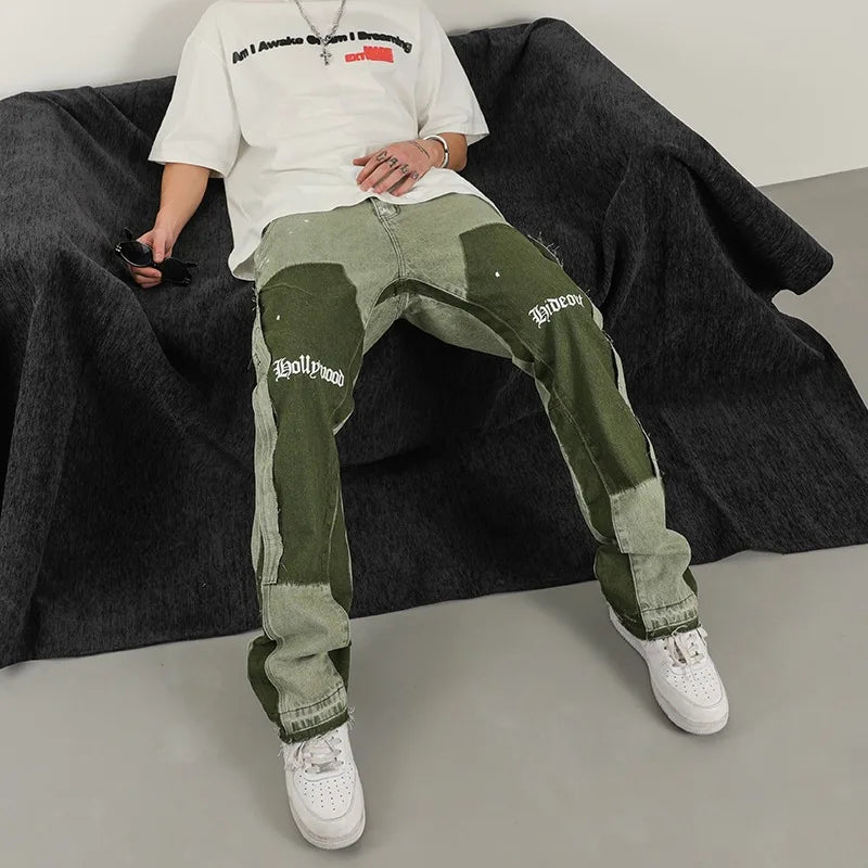 American High Street Heavy Industry Washed Jeans Retro Lumberjack Splicing Flared Pants Men's Tide baggy jeans