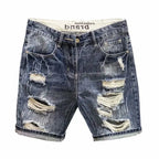 Fashion Vintage Korean Men's Summer Denim Shorts with Distressed Holes Slim Fit Distressed Holes Designer Luxury Clothing Men
