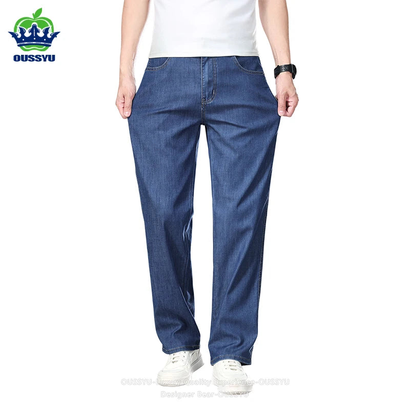 High Quality Men's Summer Baggy Straight Jeans Business Casual High Waist Denim Pants Lyocell Fabric Office Work Trousers Man