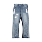 American retro washed letter spliced denim trousers high street trendy brand couple loose straight micro-flared long trousers