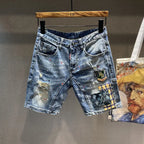 High Quality Luxury Clothing Streetwear Korean Cowboy Fashion Embroidery Patch Knee Length Shorts Men's Summer Casual Jeans