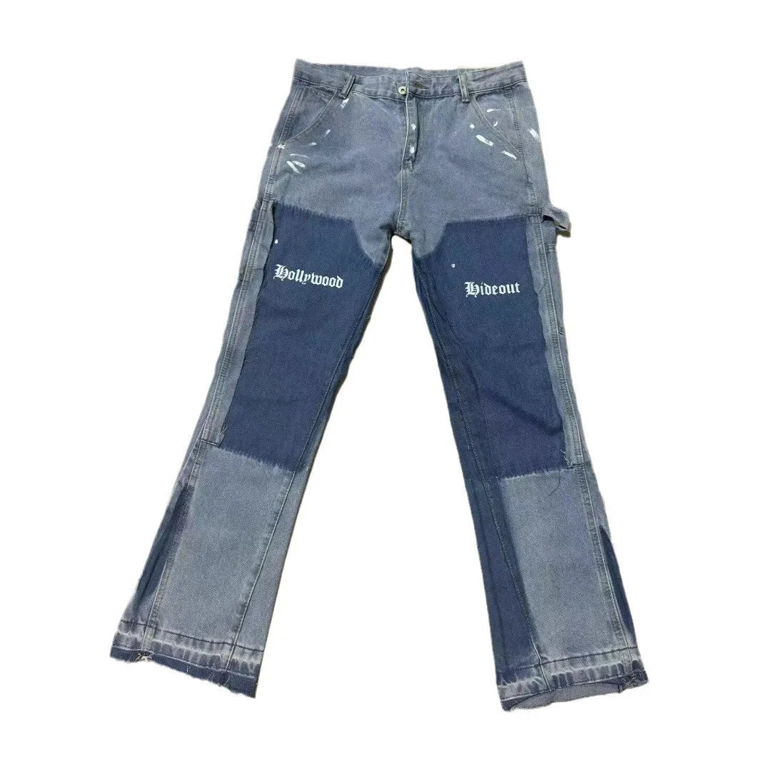 American High Street Heavy Industry Washed Jeans Retro Lumberjack Splicing Flared Pants Men's Tide baggy jeans