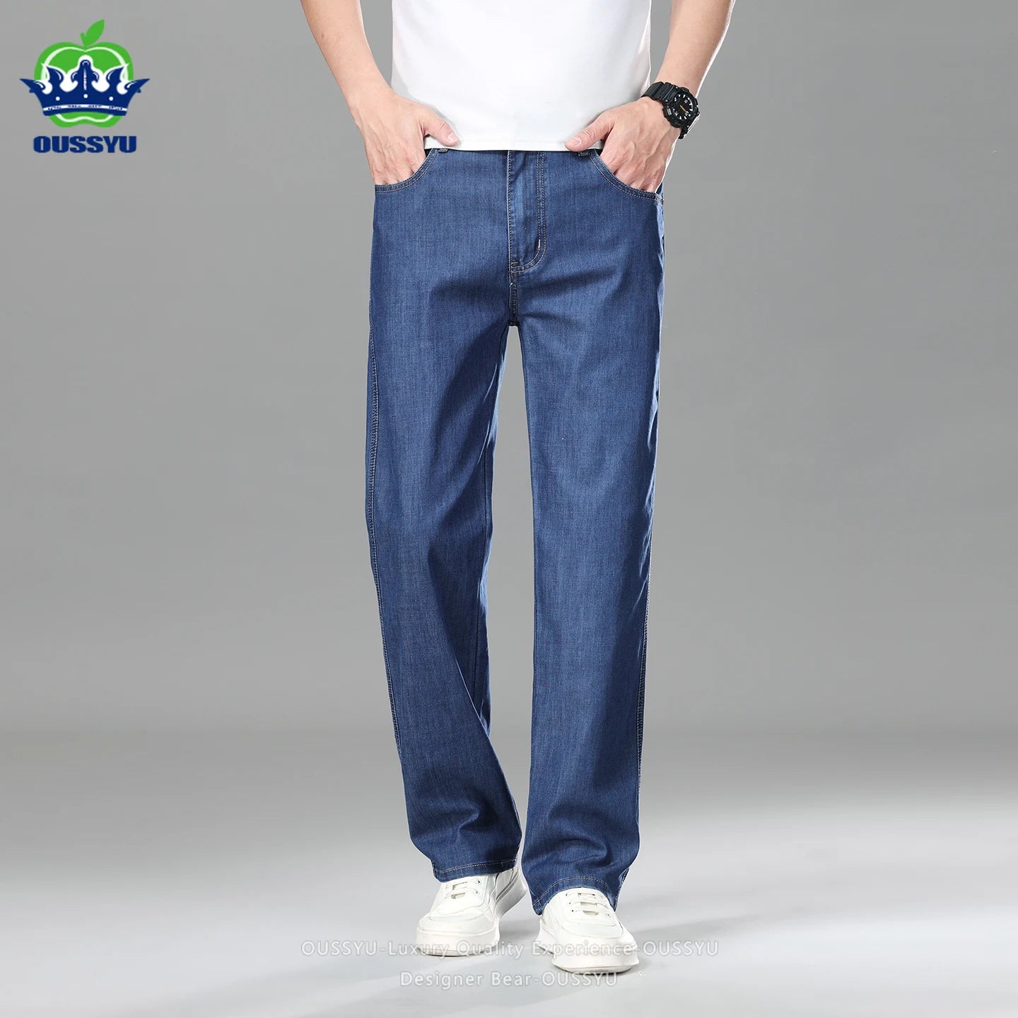 High Quality Men's Summer Baggy Straight Jeans Business Casual High Waist Denim Pants Lyocell Fabric Office Work Trousers Man