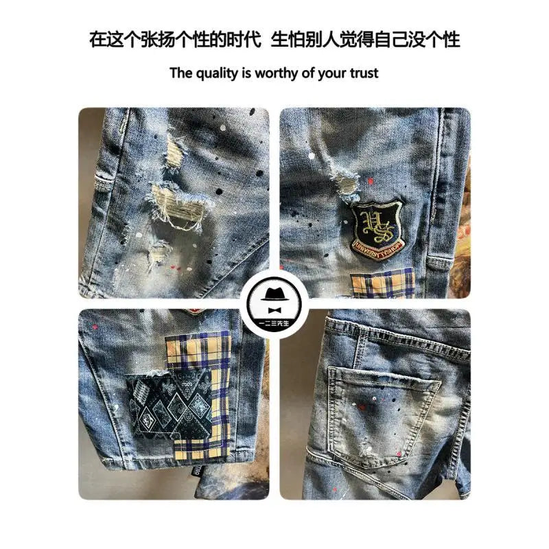 High Quality Luxury Clothing Streetwear Korean Cowboy Fashion Embroidery Patch Knee Length Shorts Men's Summer Casual Jeans