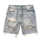 Men Summer Distressed Denim Shorts Button Zipper Fly Multi Pockets Short Jeans Straight Fit Ripped Holes Knee Length Distressed