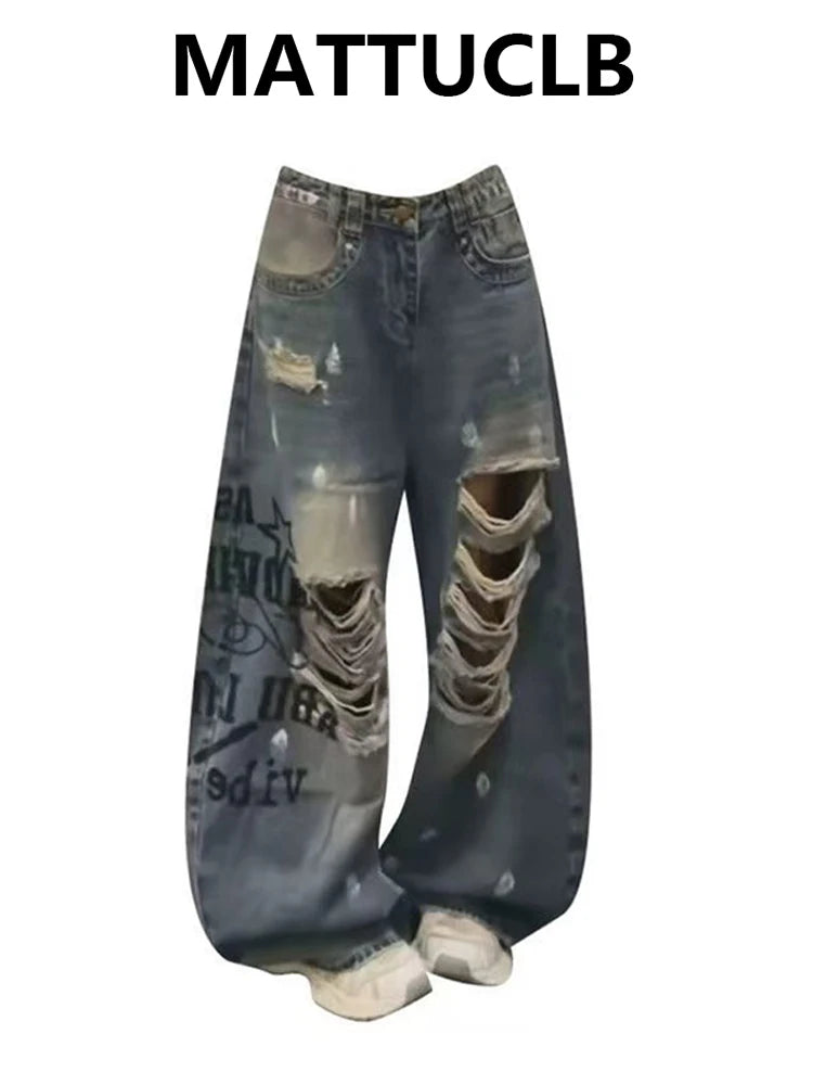 Women's Jean Baggy Wide Fit Ripped Hole Denim Pants Y2K Japanese Harajuku Boyfriend Grunge American Retro Hip-pop Punk Tide New
