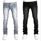 Men's denim fashion personality straight leg men's pants European and American fashion Instagram hot item elastic pearl denim la