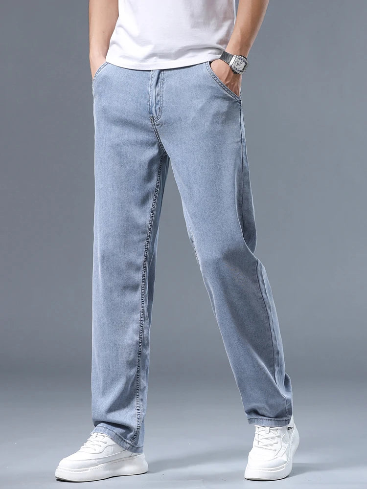 Summer Ultra-thin Men's Jeans Lyocell Soft Breathable Loose Straight Light Blue Denim Pants Business Casual Ice Silk Trousers