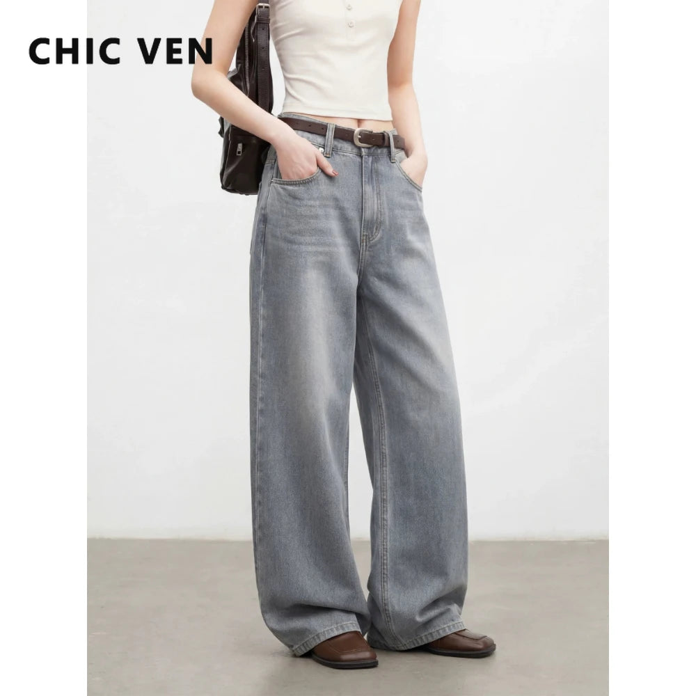 CHIC VEN New Women Jeans Loose Casual Retro Washed Elastic Straight Leg Denim Pant Gray Female Trousers Spring Summer 2026