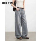 CHIC VEN New Women Jeans Loose Casual Retro Washed Elastic Straight Leg Denim Pant Gray Female Trousers Spring Summer 2026