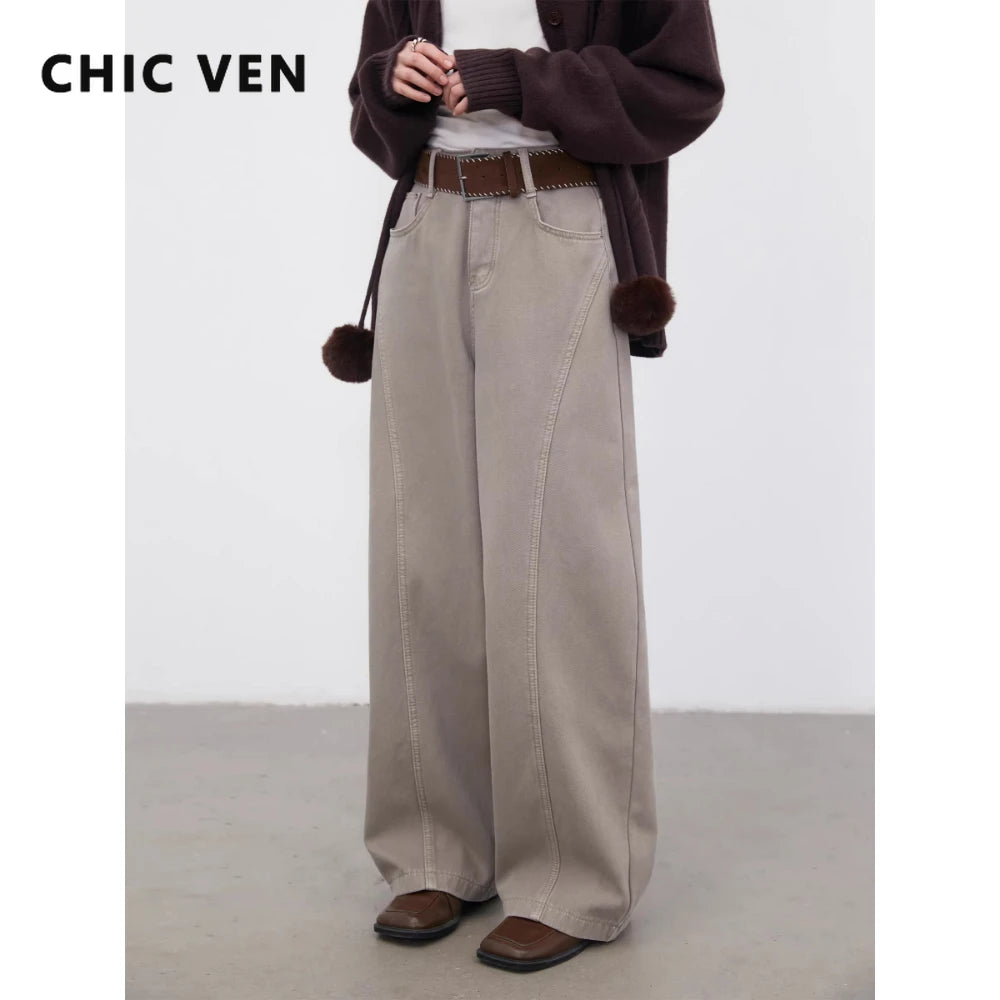 CHIC VEN Korean Women Jeans Solid Loose Casual Retro High Waist Wide Legs Denim Pants Ladies Trousers Spring Autumn 2026
