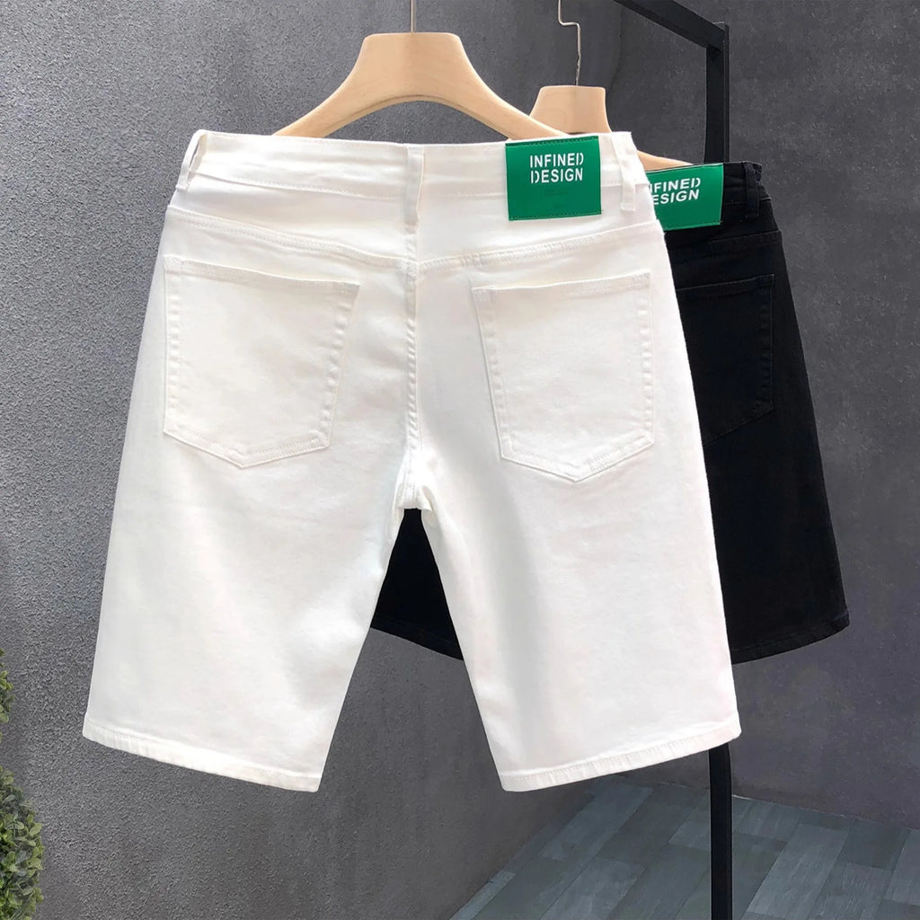2026 white Summer New Casual Denim Shorts Men Fashion White Knee Length Pants Straight Slim Classic Male Clothing Jeans Shorts